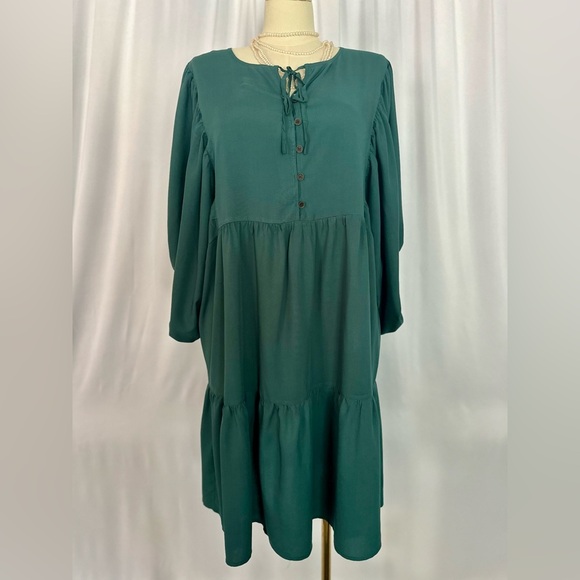 Rusttydustty Green Tiered Tie Front Sundress with Bishop Sleeves (783) - Picture 1 of 13